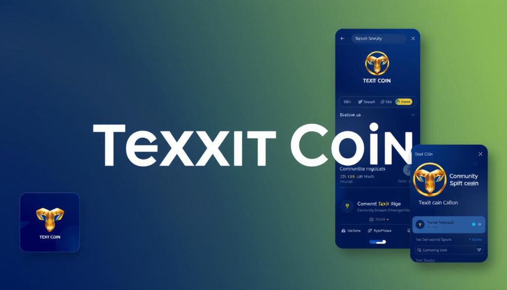 A vibrant, dynamic community-driven cryptocurrency, Texit Coin is represented by a clean, modern logo rendered in shimmering metallic tones. The brand is showcased on social media platforms, with a sleek and engaging UI design featuring minimalist iconography, clean typography, and a color palette of deep blues and golds. The overall impression is one of innovation, trust, and a strong sense of shared purpose among the coin's dedicated user base.