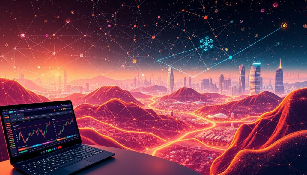 A vibrant, dynamic decentralized exchange landscape. In the foreground, a sleek, user-friendly interface showcases real-time trading data, order books, and seamless cryptocurrency swaps. The middle ground features interconnected blockchain networks, cryptographic protocols, and decentralized governance mechanisms that power the exchange. In the background, a kaleidoscope of digital assets, DeFi protocols, and a thriving ecosystem of dApps and DeFi projects. Warm lighting illuminates the scene, conveying a sense of transparency, security, and innovation. The image captures the essence of a decentralized, community-driven exchange - a hub of financial empowerment and borderless, permissionless trading.
