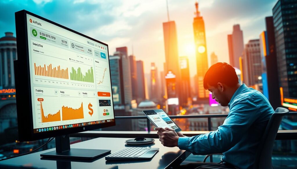 A vibrant, dynamic scene showcasing the essence of crypto affiliate marketing. In the foreground, a computer monitor displays a sleek, intuitive affiliate dashboard, with charts, graphs, and real-time analytics. In the middle ground, a person sitting at a desk intently scrolls through various cryptocurrency websites, analyzing trends and identifying opportunities. The background is a bustling cityscape, with skyscrapers and neon signs, representing the global, fast-paced nature of the crypto industry. Warm, golden lighting casts a glow over the scene, conveying a sense of professionalism and success. The overall composition captures the excitement, strategy, and potential of crypto affiliate marketing.