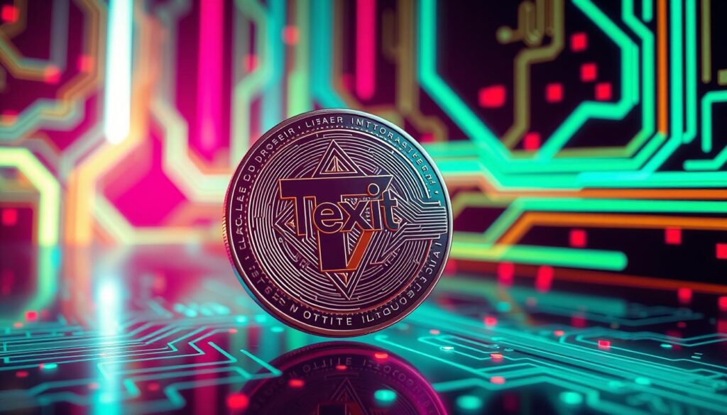 A vibrant, futuristic cryptocurrency coin floating against a backdrop of glowing neon-infused circuit patterns. The coin is rendered in a sleek, metallic finish, with intricate geometric patterns and a prominent "Texit" insignia emblazoned on its surface. Rays of light emanate from the coin, casting an ethereal glow across the scene. The overall atmosphere is one of technological innovation and digital prowess, reflecting the cutting-edge nature of the Texit Coin cryptocurrency. The composition is shot from a dynamic, three-quarter angle, emphasizing the coin's depth and dimensionality. Crisp, high-definition details and a cinematic lighting setup heighten the sense of visual impact and visual appeal.