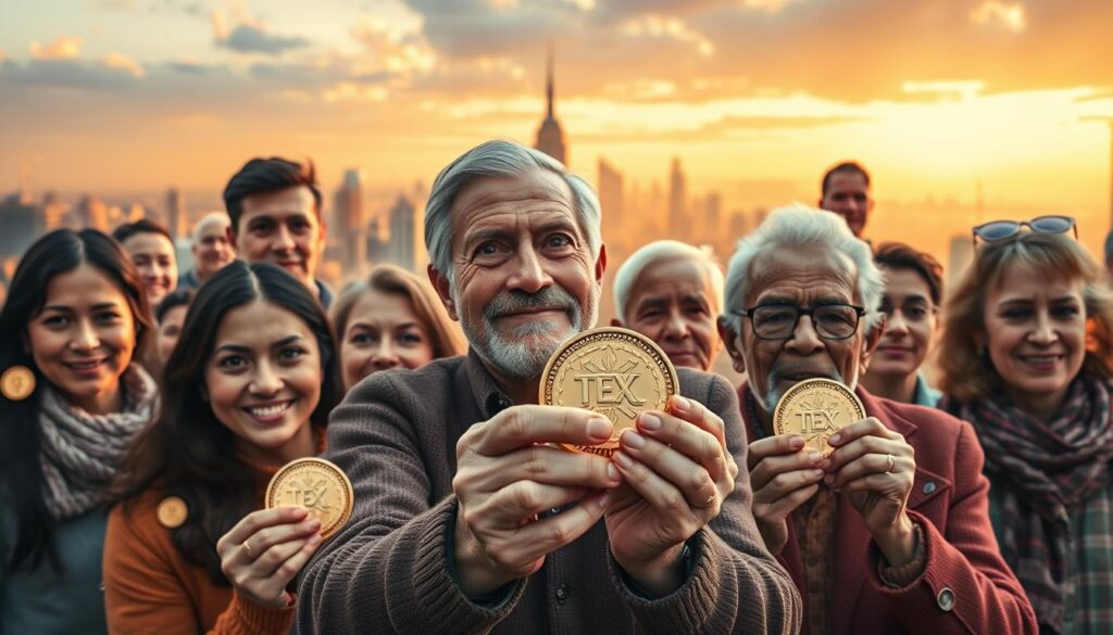 A vibrant mosaic of Texit Coin age demographics, captured in a dynamic, artistic composition. In the foreground, a diverse group of individuals - young, middle-aged, and elderly - each holding a shimmering Texit Coin, their expressions reflecting the excitement and curiosity of this new digital currency. The middle ground features a sweeping skyline, a blend of modern skyscrapers and historic landmarks, symbolizing the widespread adoption of Texit Coin across different generations and socioeconomic backgrounds. The background is bathed in warm, golden lighting, creating a sense of inclusivity and prosperity. The image is rendered with a cinematic, high-resolution quality, conveying the idea of Texit Coin as a unifying force that bridges the age divide.
