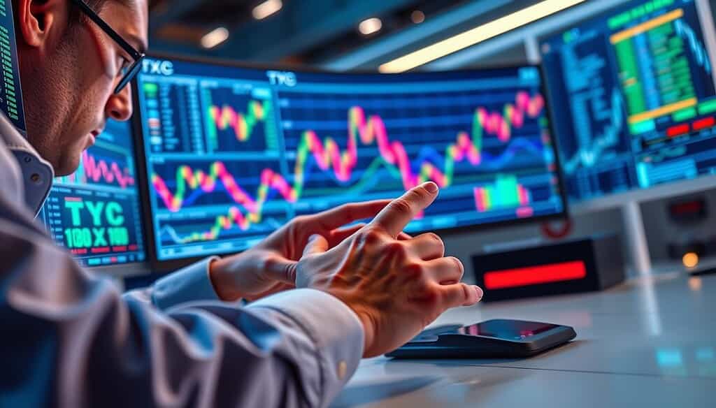 A vibrant, photorealistic image depicting various TXC trading strategies. In the foreground, a trader's hands deftly analyzing charts and indicators on multiple screens, with a focused expression. In the middle ground, a dynamic visualization of TXC price movements, represented by a colorful, undulating line graph. The background features a sleek, futuristic trading desk, with clean lines and subtle lighting, conveying a sense of precision and technological sophistication. The overall scene exudes a sense of professionalism, competence, and the thrill of navigating the TXC market.