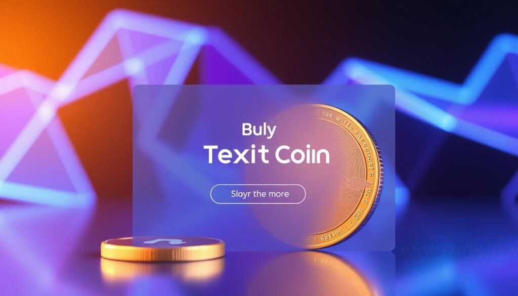 A vibrant, photorealistic image showcasing the "Buy Texit Coin" concept. In the foreground, a sleek, metallic Texit coin takes center stage, reflecting the advanced blockchain technology that powers this innovative cryptocurrency. The coin is set against a backdrop of abstract, dynamic geometric shapes in shades of blue and purple, evoking a sense of futuristic progress and digital innovation. The middle ground features a minimalist, clean interface displaying the "Buy Texit Coin" call-to-action, inviting the viewer to explore and invest in this revolutionary digital asset. The overall scene is bathed in a warm, soft lighting that creates a welcoming and approachable atmosphere, reflecting the accessibility and user-friendliness of the Texit coin platform.