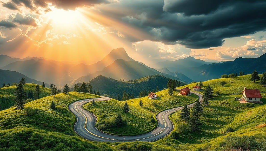 A vibrant, photorealistic landscape depicting investment opportunities and associated risks. In the foreground, a winding financial road leads through a lush, verdant landscape, with various investment vehicles such as stocks, bonds, and real estate dotting the scene. The middle ground features a towering mountain range, symbolizing the challenges and uncertainties inherent in the investment world. Beams of warm, golden light filter through wispy clouds, casting a sense of hope and potential. In the background, a stormy sky looms, hinting at the risks and volatility that investors must navigate. The overall atmosphere conveys a sense of balance between the rewards and risks of investing, encouraging thoughtful consideration of one's financial future.