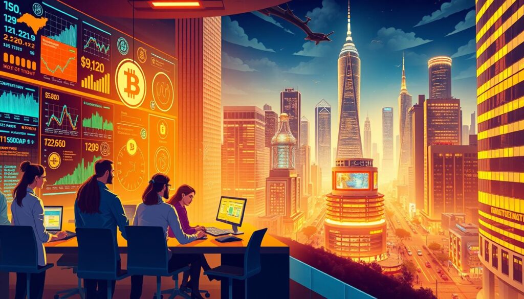 A vibrant, richly detailed illustration showcasing the myriad benefits of working for Texit Coin. In the foreground, a group of diverse, energetic employees collaborate at a futuristic, high-tech office space, surrounded by glowing screens displaying cryptocurrency data and visualizations. The middle ground features a spectrum of icons representing the company's cutting-edge technological innovations, generous compensation packages, and robust professional development opportunities. In the background, a majestic cityscape of gleaming skyscrapers and bustling streets symbolizes the company's global reach and impact. The scene is bathed in a warm, golden light, conveying a sense of prosperity, innovation, and boundless potential.