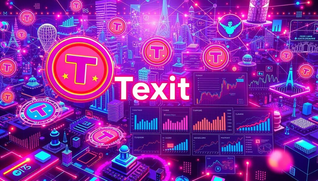 A vibrant social media campaign showcasing the "Texit Coin" cryptocurrency. The foreground features sleek, stylized digital coins floating against a backdrop of interconnected networks and online communities. The middle ground displays dynamic data visualizations, charts, and infographics illustrating the coin's performance and adoption. The background is a mosaic of digital landscapes, including futuristic cityscapes, blockchain-inspired patterns, and abstract digital art. The lighting is a captivating blend of neon hues and holographic effects, creating an immersive, tech-savvy atmosphere. The overall composition conveys a sense of innovation, growth, and the power of decentralized finance.