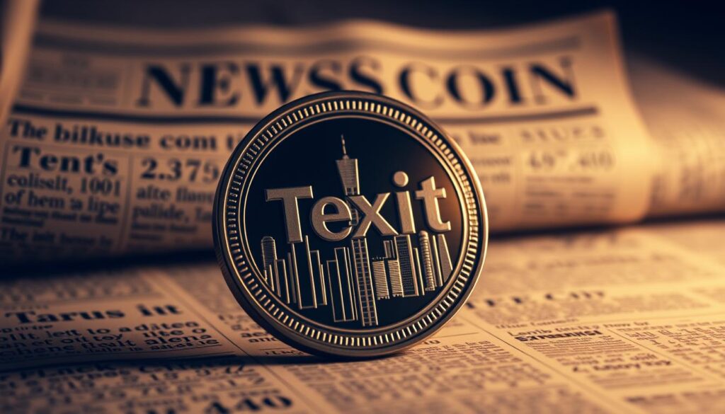 A vintage-style news headline hovers over a realistic rendering of a "Texit Coin" cryptocurrency token. The coin's surface reflects a skyline of skyscrapers, evoking a bustling financial center. The background is muted, with a soft glow and subtle film grain, creating an air of nostalgia. The lighting is dramatic, with shadows and highlights that add depth and dimension to the scene. The overall mood is one of historical significance, capturing the moment when this cryptocurrency made headlines.
