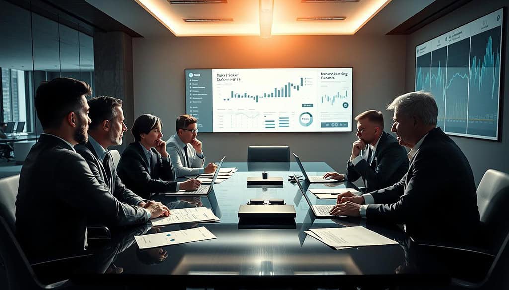 A well-lit boardroom table with executives engaged in serious discussion, their faces expressing deep thought and analysis. The table is adorned with documents, laptops, and a large wall display presenting data visualizations. The lighting casts dramatic shadows, emphasizing the gravity of the situation. In the background, the room is spacious and modern, with sleek furniture and architecture suggesting a professional, high-stakes environment. The overall mood is one of focused intensity, as the team meticulously examines the credibility and viability of their project.