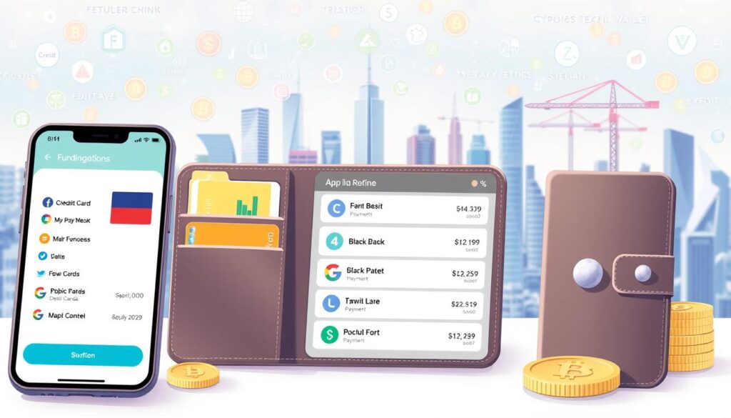 A well-lit, high-quality digital illustration depicting various cryptocurrency wallet funding methods. In the foreground, a sleek, modern-looking digital wallet interface showcases an array of payment options including credit/debit cards, bank transfers, and popular digital payment platforms. In the middle ground, a city skyline with skyscrapers and cranes suggests a bustling financial center. The background features a softly blurred array of cryptocurrency symbols, digital ledgers, and blockchain networks, creating a sense of technological sophistication. The overall aesthetic is clean, professional, and visually engaging, reflecting the secure and user-friendly nature of the Texit Coin app.