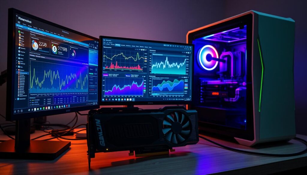 A well-lit, high-tech desktop setup with multiple screens displaying a cryptocurrency mining software interface. In the foreground, a powerful GPU silently runs complex computational algorithms, its fans whirring softly. The middle ground showcases detailed charts, graphs, and real-time analytics, providing insights into the mining process. In the background, a sleek, futuristic case houses the processing hardware, its RGB lighting casting a warm glow across the workspace. The overall atmosphere conveys a sense of efficiency, precision, and the relentless pursuit of digital wealth.