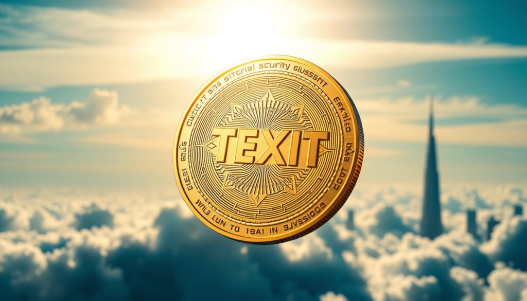 An intricately designed Texit Coin floating in a serene, cloud-filled sky. The coin's surface reflects the warm golden hues of the sun, its edges adorned with delicate engravings that hint at its advanced security features. Surrounding the coin, shimmering data streams and cryptographic patterns weave a tapestry of technological sophistication, conveying the coin's robust digital infrastructure. In the distant background, a sleek, futuristic cityscape rises, symbolizing the Texit Coin's role in shaping the digital economy of tomorrow. The scene is captured with a shallow depth of field, placing the coin in sharp focus and emphasizing its central importance as a innovative digital asset.