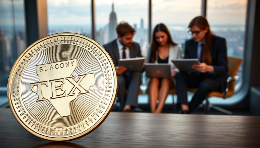 Detailed close-up of a Texit Coin cryptocurrency internship program. A sleek, metallic Texit Coin sits prominently in the foreground, reflecting the soft, warm lighting. In the middle ground, young professionals in business attire are engaged in discussions, laptops open, surrounded by a modern, minimalist office setting. The background depicts a panoramic city skyline, hinting at the global reach and opportunities offered by the Texit Coin internship. The scene conveys a sense of innovation, collaboration, and career growth in the burgeoning cryptocurrency industry.