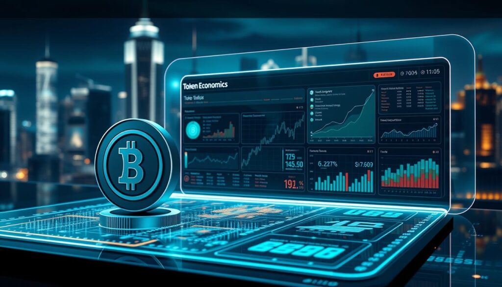 Detailed tokenomics analysis displayed on a sleek, holographic interface. In the foreground, a 3D visualization of token supply, distribution, and circulation dynamics. In the middle ground, a scrolling dashboard with interactive charts and graphs showcasing token economics metrics. The background features a futuristic cityscape with glowing skyscrapers, hinting at the broader blockchain ecosystem. Dramatic lighting, cinematic camera angles, and a cool, technological color palette evoke a sense of data-driven innovation. The overall composition conveys a comprehensive, data-rich snapshot of the token's intricate financial mechanics.