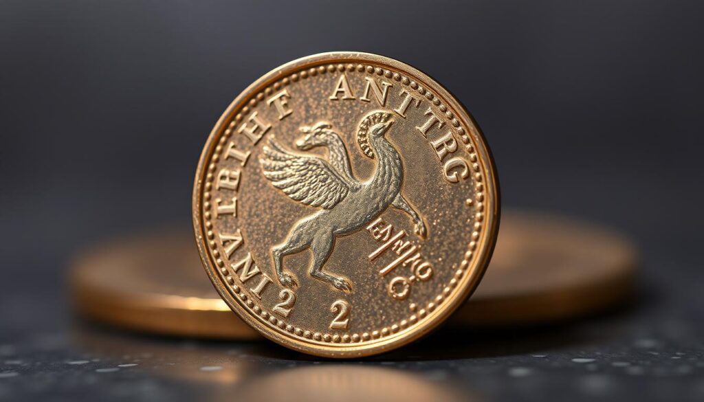 High-detailed, macro close-up photograph of a new £2 British coin, shot with a professional-grade camera and high-quality macro lens. The coin is centered in the frame, filling the majority of the image. The lighting is soft and even, highlighting the intricate design and texture of the coin's surface. The background is blurred and out of focus, creating a shallow depth of field that draws the viewer's attention to the coin itself. The image captures the significance and craftsmanship of the coin's new design, showcasing its unique features and artistic elements.