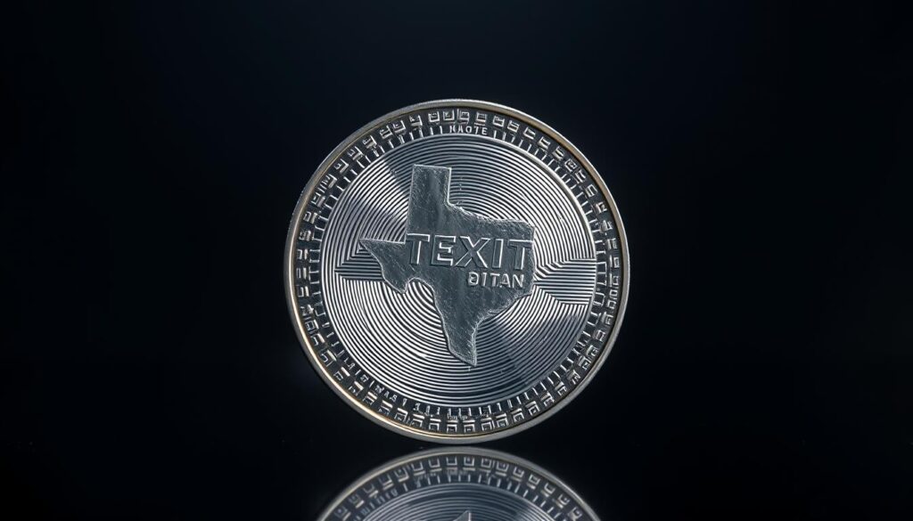 High-quality macro photograph of a silver Texit cryptocurrency coin against a dark, moody background. The coin is placed on a reflective surface, capturing its metallic sheen and intricate design details. The lighting is dramatic, with a single, directional light source casting deep shadows and highlights across the coin's surface. The overall atmosphere is one of security, stability, and precision, conveying the sense of a secure, trustworthy financial transaction. The background is intentionally blurred and unobtrusive, keeping the focus on the coin itself.