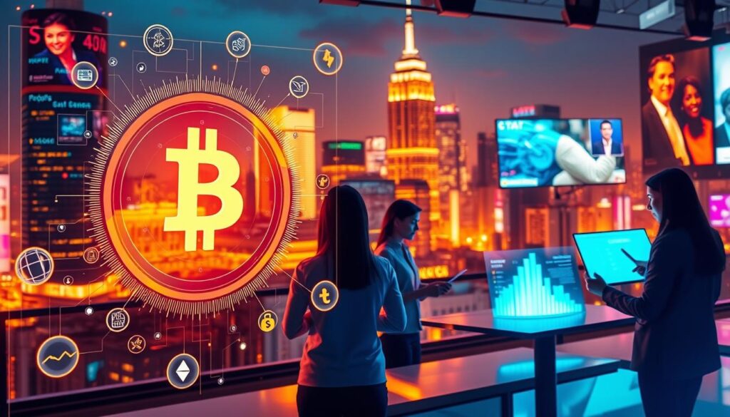 Promotional marketing tactics cryptocurrency: A vibrant, dynamic scene depicting various elements of cryptocurrency promotional marketing. In the foreground, a captivating holographic display showcases the logo and branding of a digital currency, surrounded by floating data visualizations and holographic icons. In the middle ground, a team of digital marketers collaborate, brainstorming strategies and analyzing metrics on sleek, futuristic screens. The background features a cityscape skyline, with skyscrapers adorned with digital advertisements and billboards promoting the cryptocurrency. Warm, vibrant lighting casts an energetic glow, conveying a sense of innovation and growth in the cryptocurrency space.