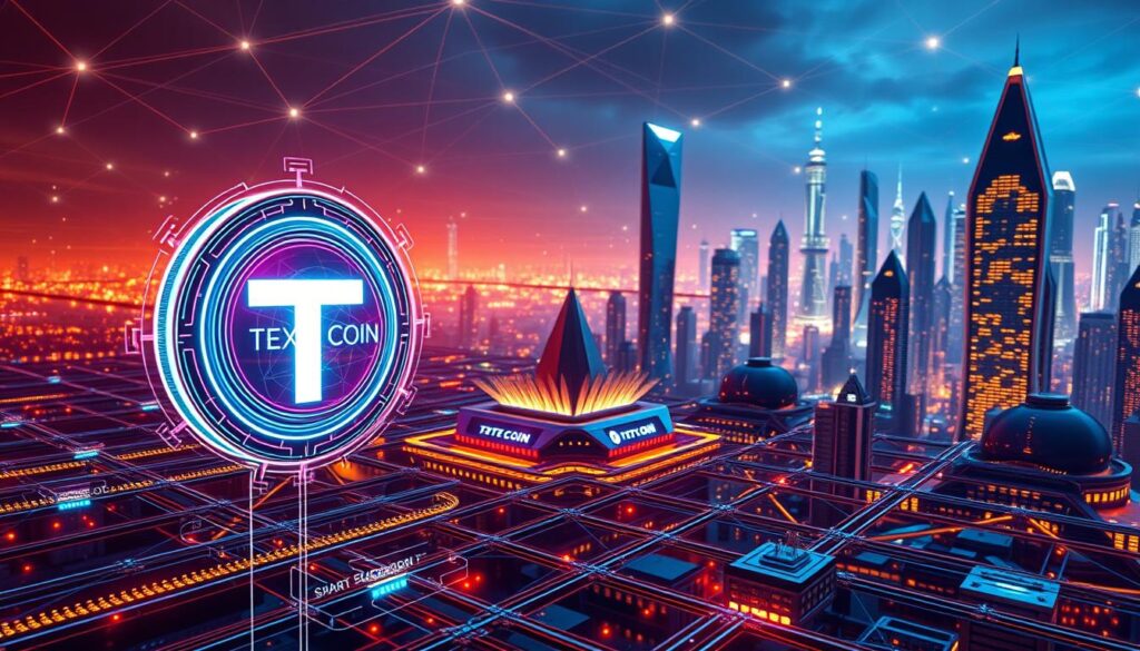 Prompt A futuristic, three-dimensional blockchain ecosystem, showcasing a intricate network of interconnected digital ledgers, smart contracts, and decentralized applications. The foreground features a vibrant, holographic display of a Texit Coin digital token, pulsing with energy and technological sophistication. In the middle ground, a cluster of sleek, angular blockchain nodes communicate seamlessly, surrounded by a swirling array of encrypted data streams. The background depicts a cityscape of towering, crystalline skyscrapers, bathed in a warm, amber glow that suggests a future of innovation and progress. The scene is rendered with a cinematic, hyper-realistic style, utilizing dramatic lighting and depth of field to create a sense of depth and grandeur, reflecting the power and potential of the Texit Coin blockchain technology.