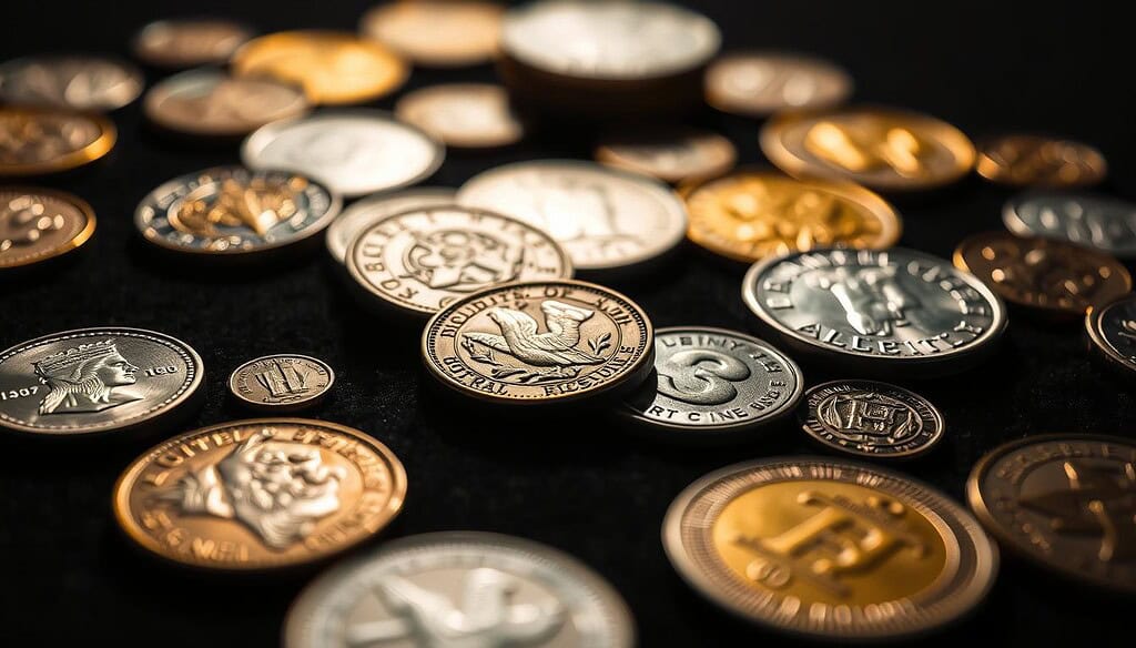Prompt A high-contrast close-up shot of a meticulously curated collection of rare and precious metal coins laid out on a dark, velvet-like surface. The coins have a rich, lustrous sheen, reflecting the soft, directional lighting from an unseen source, creating dramatic shadows and highlights that accentuate their intricate designs and textures. The composition focuses on the foreground, with the coins arranged in a visually appealing manner, allowing the viewer to appreciate the individual details and the overall harmony of the collection. The background is subtly blurred, keeping the attention on the captivating array of antique, gold, silver, and platinum coins, representing the diverse and fascinating world of numismatics.
