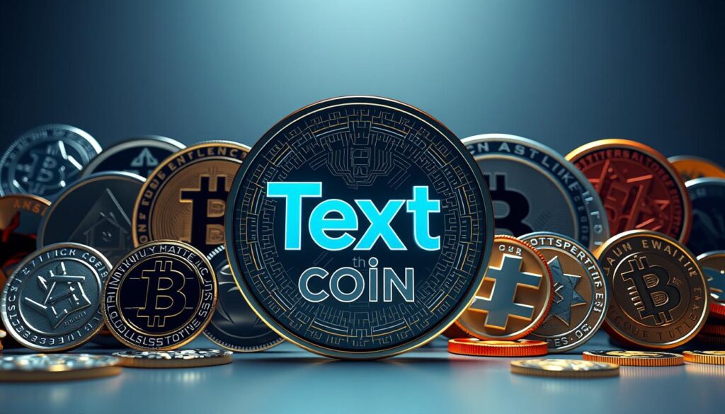Sleek cryptocurrency comparison: a side-by-side visualization of diverse digital coins, rendered with cinematic lighting and camera angles. In the foreground, the conceptual shape of Text It Coin stands out, its unique architecture and futuristic aesthetic hinting at its innovative technology. Surrounding it, a curated selection of other leading cryptocurrencies, each with its own distinct visual identity, inviting the viewer to explore the nuances that set Text It Coin apart. Rendered in a crisp, high-resolution 3D environment, the overall composition conveys a sense of technological sophistication and the cutting edge of the cryptocurrency landscape.