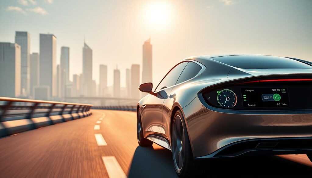 Texit Coin Car Integration A sleek, futuristic sedan drives down a gleaming highway, its metallic body reflecting the warm glow of the sun. On the dashboard, a digital display showcases the seamless integration of the Texit cryptocurrency, allowing the driver to effortlessly pay for fuel, tolls, and even parking directly from the vehicle's interface. The car's advanced sensors and network connectivity enable real-time tracking of Texit transactions, providing a secure and convenient automotive payment experience. In the background, a cityscape of gleaming skyscrapers and advanced infrastructure hints at the integration of this innovative digital currency into the fabric of a smart, technologically-advanced society.