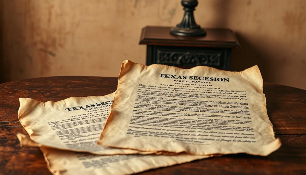 Weathered parchment documents showcasing historical Texas secession proclamations, nestled atop an antique wooden table. Soft, warm lighting illuminates the faded ink and creased edges, conveying a sense of timeless significance. The papers appear to be carefully preserved, hinting at their importance as artifacts of a bygone era. In the background, a backdrop of subtle, sepia-toned textures evokes a sense of aged grandeur, as if transporting the viewer to a bygone era when Texas' independence was a matter of fervent debate.