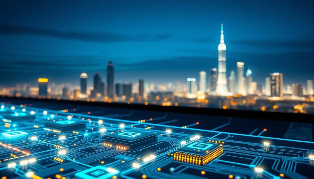 a detailed, high-quality, highly realistic digital illustration of blockchain technology. The foreground features a sleek, futuristic blockchain network visualization with interconnected nodes, digital ledgers, and cryptographic security protocols. The middle ground showcases a glowing, transparent circuit board with intricate circuit pathways and microchips. The background depicts a serene, minimalist cityscape with gleaming skyscrapers and a vibrant blue-tinted sky, hinting at the far-reaching impact of this transformative technology. Dramatic, directional lighting illuminates the scene, creating a sense of depth and atmosphere. The overall mood is one of innovation, sophistication, and the boundless potential of blockchain innovation.