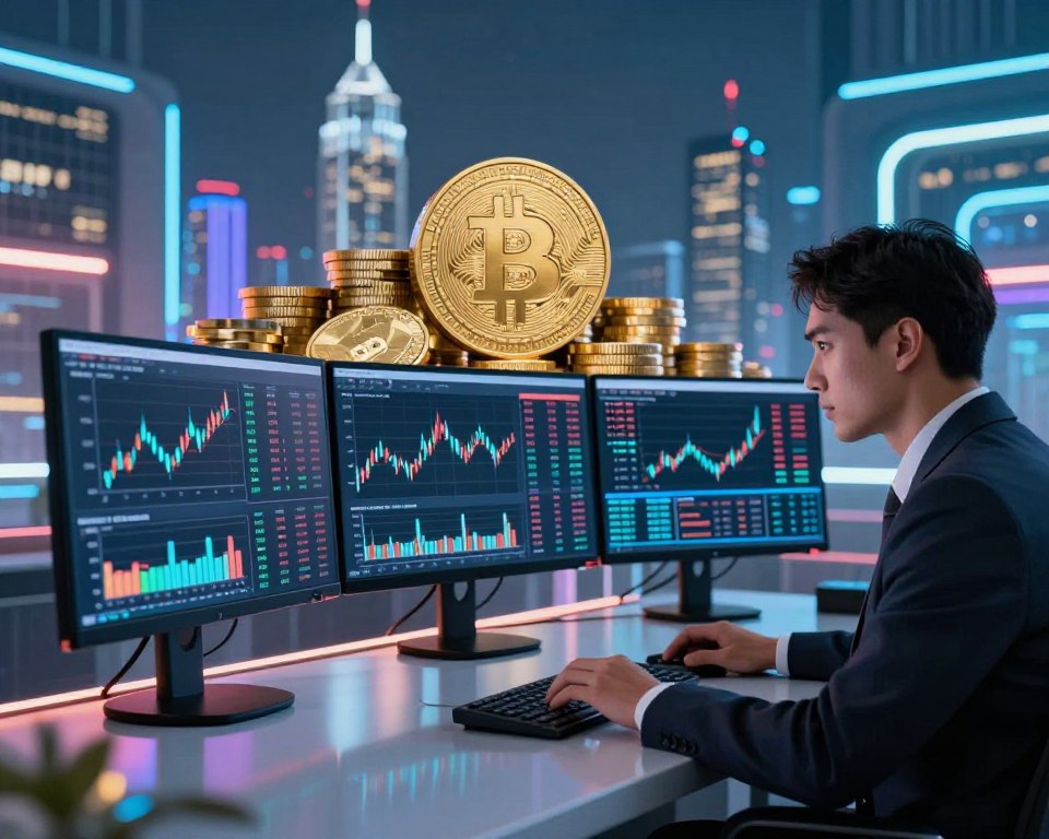 A digital art representation of cryptocurrency valuation focused on Iskander Coin, showcasing a futuristic city skyline in the background, illuminated by bright neon lights. In the foreground, a sleek, modern trading desk holds multiple high-resolution monitors displaying dynamic graphs and data analysis, emphasizing market performance. An analytical professional in business attire, with a focused expression, studies the screens. The middle ground features an array of coins and digital assets, subtly highlighting Iskander Coin among them. The lighting is vibrant yet balanced, creating a tech-savvy atmosphere, with reflections of bright colors on glass surfaces. Capture the essence of innovation and market analysis, evoking a mood of forward-thinking finance.