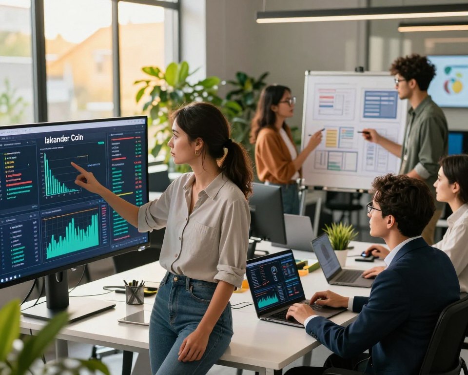 A diverse and innovative technical team of professionals working on Iskander Coin, set in a modern office space with advanced technology. In the foreground, a confident female software engineer points at a large digital screen displaying blockchain data, dressed in smart casual attire. Beside her, a male data analyst, wearing a business suit, analyzes charts on a laptop. In the middle ground, another team member, a female project manager with glasses, discusses ideas with a male graphic designer sketching user interfaces. The background features an open workspace with high-tech gadgets, vibrant plants, and large windows letting in warm, natural light. The atmosphere is collaborative and energetic, conveying a sense of innovation and forward-thinking, with a slight focus on teamwork and problem-solving.